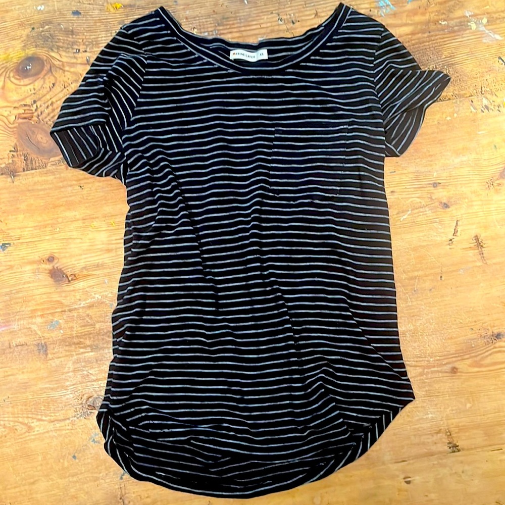 Marine Layer Striped Saddle Hem Pocket Tee, size XS